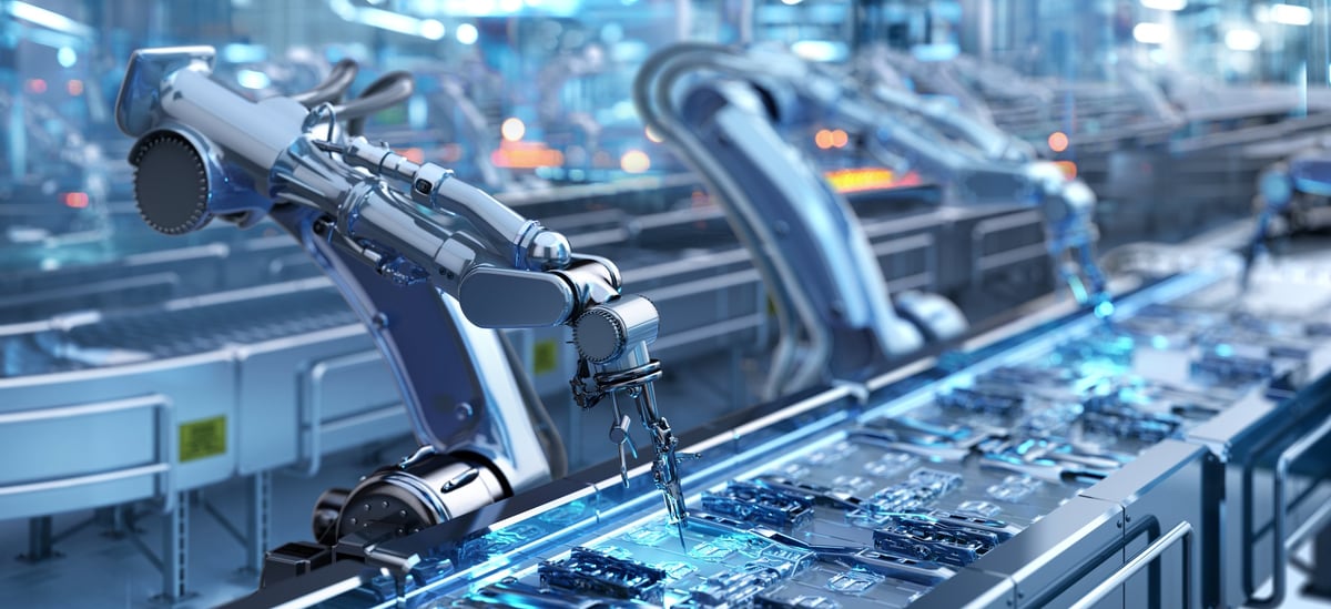 Hi-tech factory with industrial robotic arms. Assembly line, advanced automation, precision engineering, innovative manufacturing line. Industry 4.0 technology, next-generation production, efficiency, artificial intelligence AI industrial robot integration