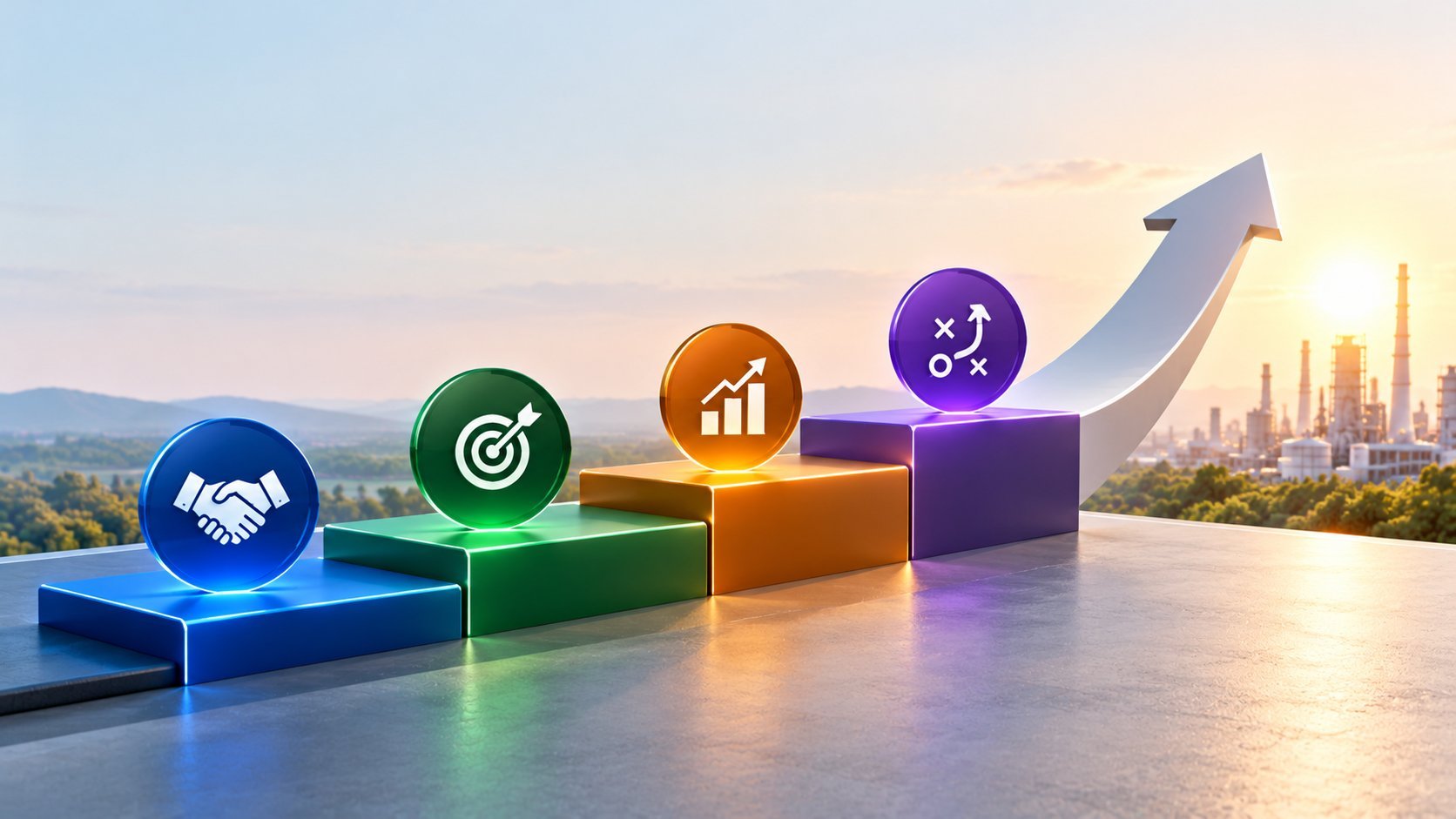 Colorful 3D business icons on ascending steps with growth arrow, city skyline in background at sunset