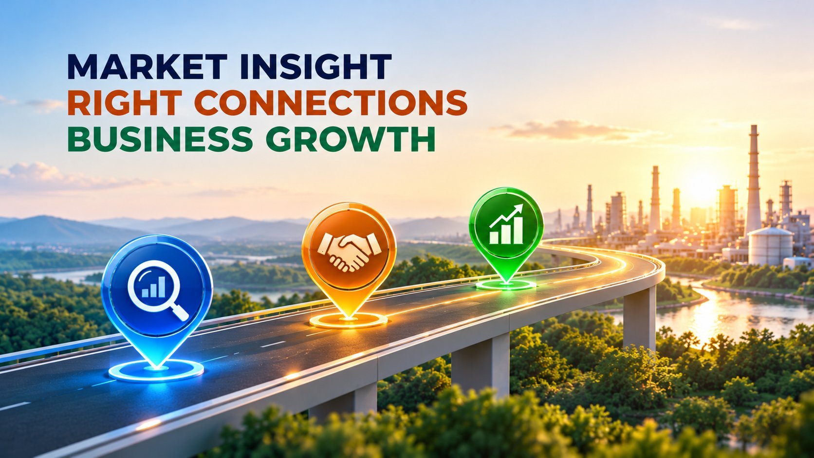 Business growth concept with three glowing icons on a highway overlooking a city skyline at sunset