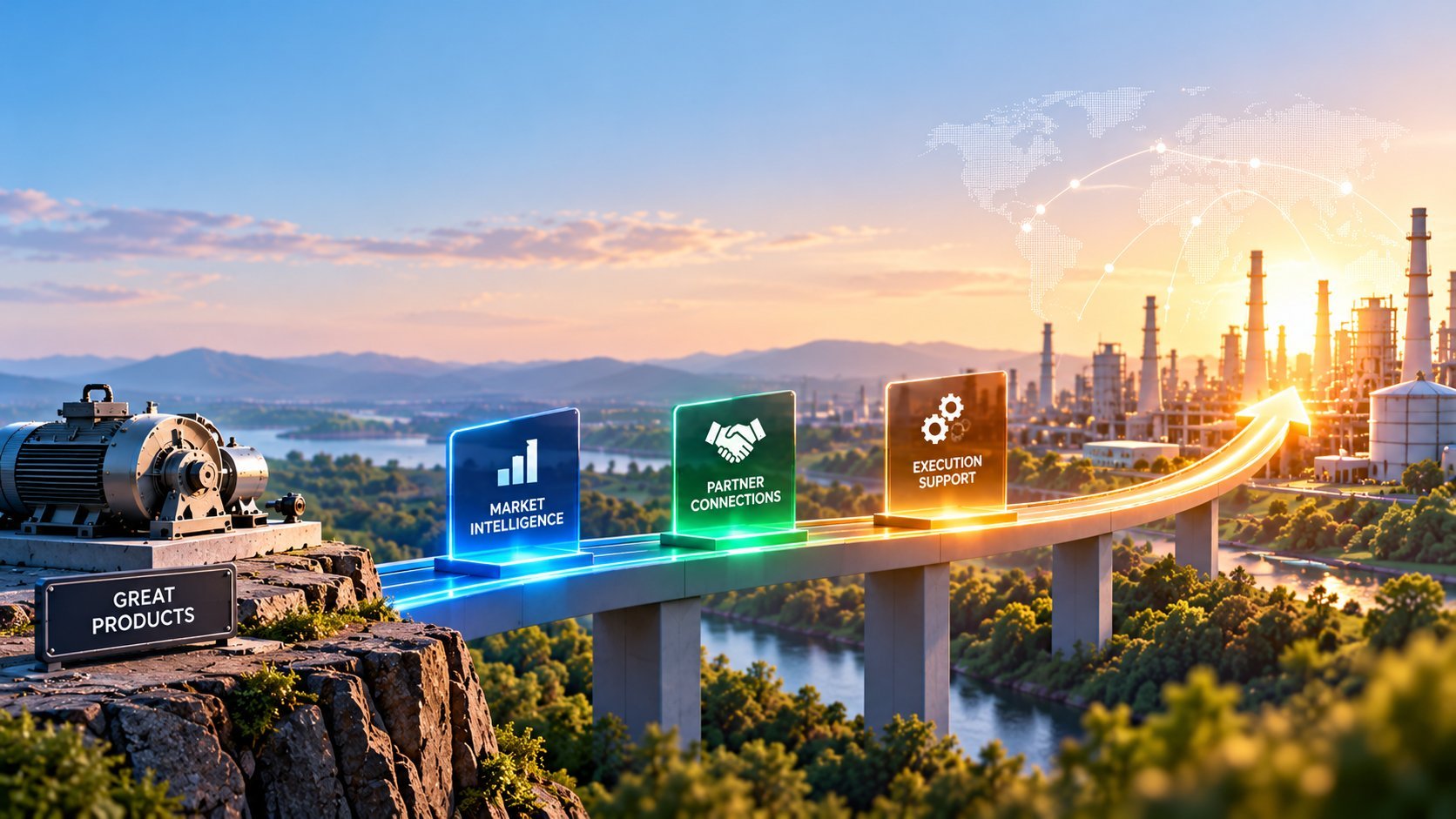 Digital bridge with business icons over cityscape connecting industrial development, data analytics, intelligence, and innovation
