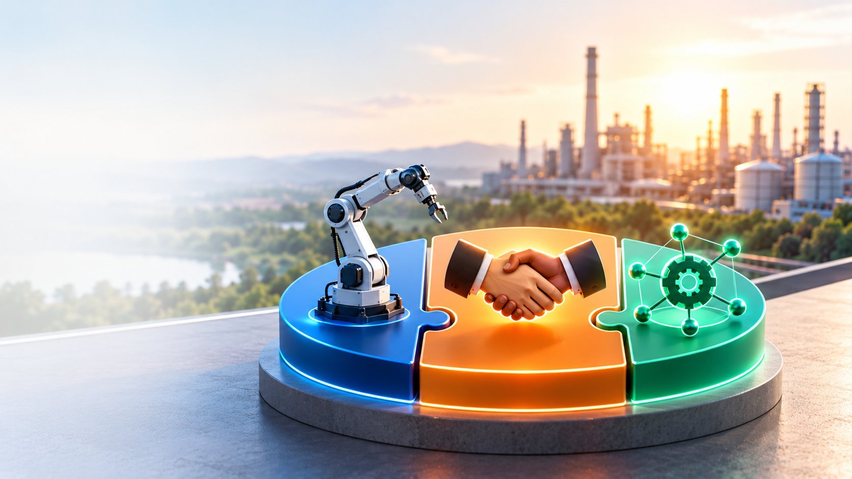 Colorful pie chart with robot arm, handshake, and ship wheel icons representing business, partnership, and industry against cityscape skyline