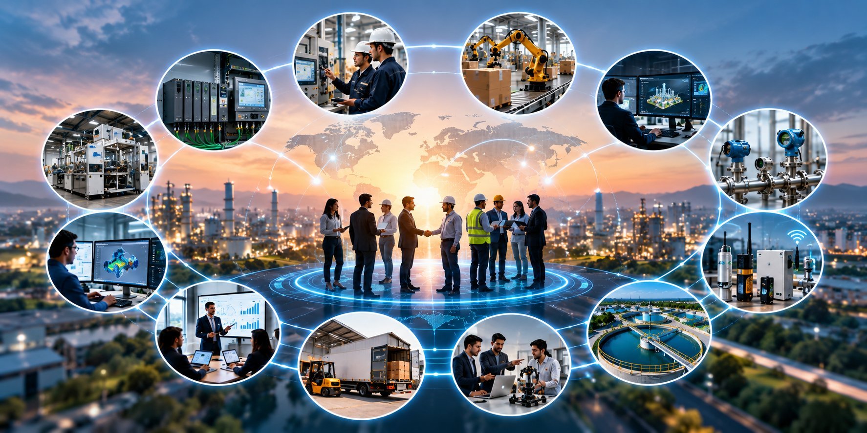 Group of diverse business professionals silhouetted against city skyline surrounded by connected circular images of offices and collaboration.