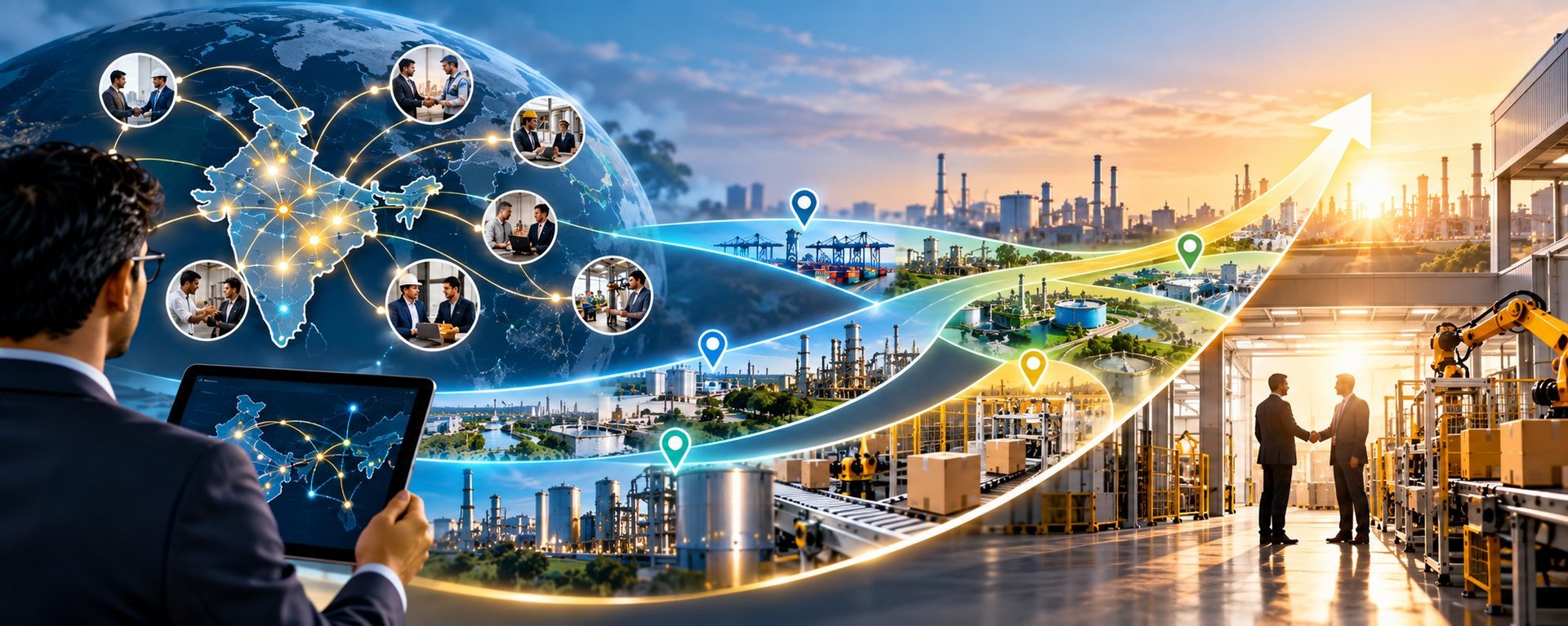 Global network visualization showing interconnected cities, business professionals, and worldwide digital connectivity overlay