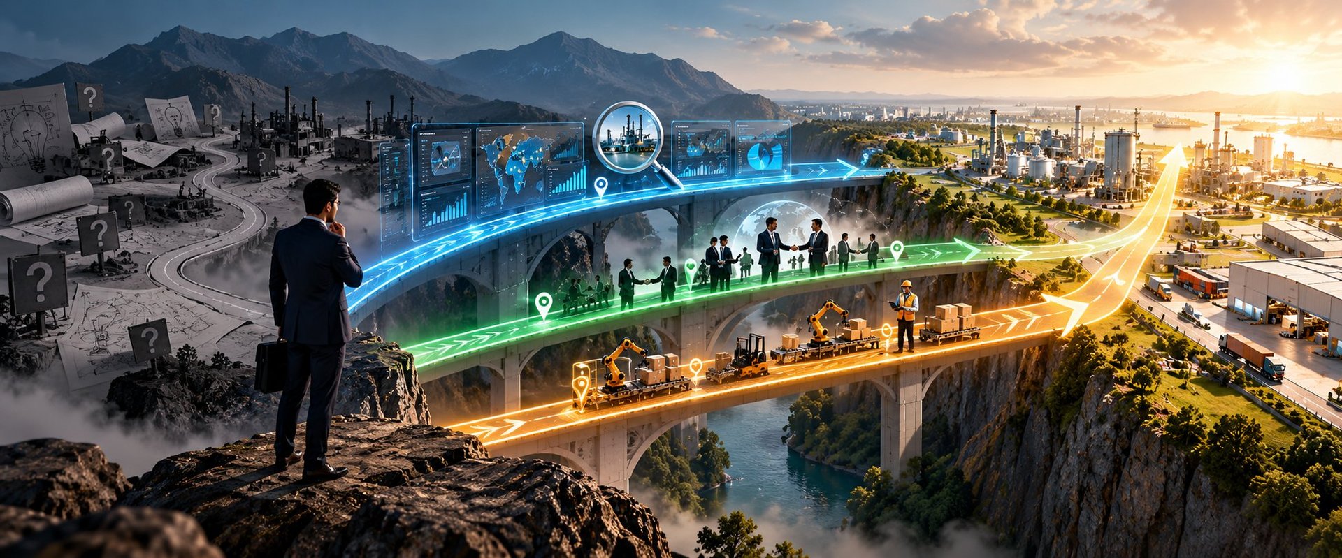 Man standing on cliff viewing digital layers of interconnected business people and city skyline at sunset