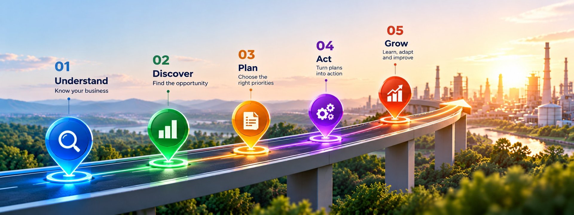 Infographic showing 5-step business growth roadmap with icons and neon lines overlaid on highway and city skyline at sunset
