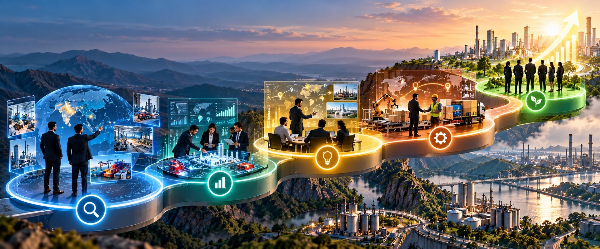 Digital composite showing smart city technology icons and business metrics overlaid on urban landscapes and industrial infrastructure at sunset